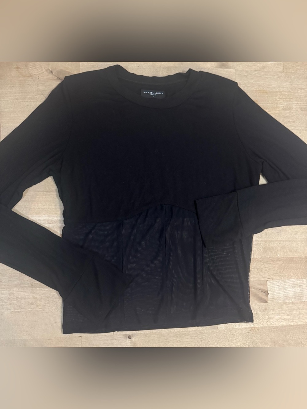 Michael Lauren Black cropped Long-Sleeve Top with Sheer Mesh bottom panel